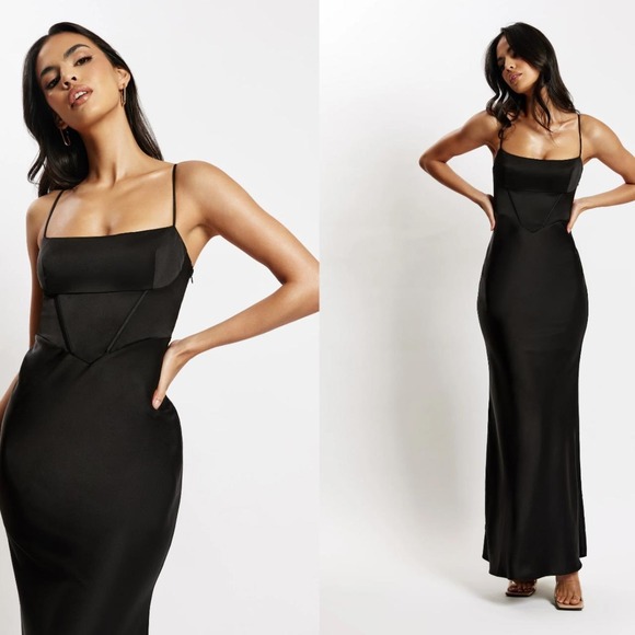 Meshki Dresses & Skirts - Meshki Black Corset Satin Maxi Dress Spaghetti Strap Formal Gown Size M